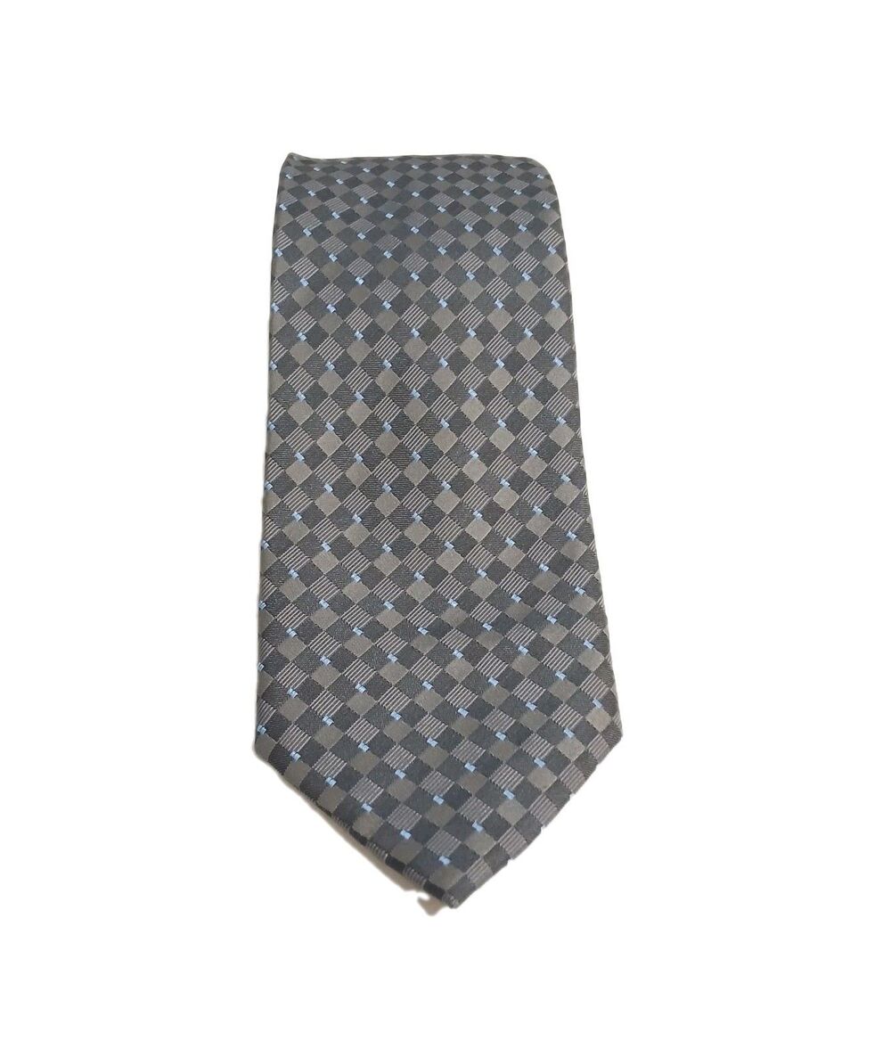 Perry Ellis Portfolio Men’s Gray Blue Geometric Check Silk Neck Tie 60” x 3.5"